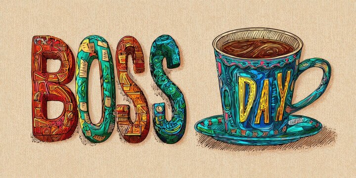 Boss day typography with coffee mug and ornate letters