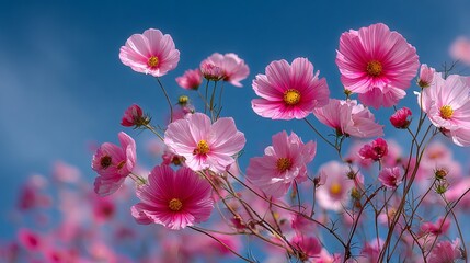 Vibrant pink cosmos flowers bloom against a clear blue sky, capturing nature's delicate beauty and seasonal joy for uplifting designs