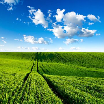 Rolling green field under a vibrant blue sky with fluffy white clouds
