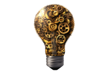 Creative light bulb filled with golden gears symbolizing innovation and engineering in modern design