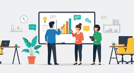 Team collaborating on a business strategy presentation with charts and graphs on a whiteboard.
