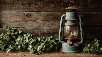 Obraz premium Vintage oil lantern glows warmly beside lush green ivy against rustic wooden backdrop, evoking nostalgia and rustic charm.