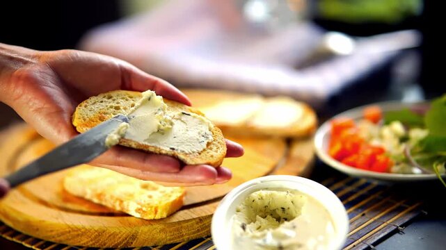 Spreading cream cheese with herbs on toasted bread slice