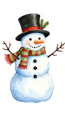 Illustration of a watercolor snowman wearing a top hat and scarf