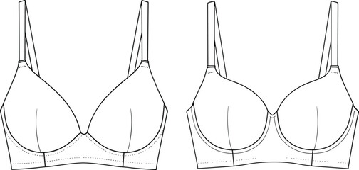 Women’s bra technical sketch, fashion flat, seam detail, cad drawing flat vector illustration, lingerie design, garment construction, undergarment outline