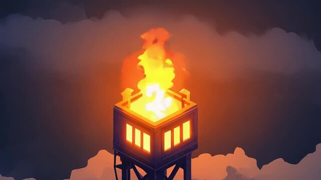 Isometric beacon tower burning fire at night