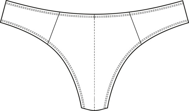 Women&rsquo;s thong technical sketch, fashion flat, seam detail, cad drawing flat vector illustration, garment design, underwear outline, lingerie template