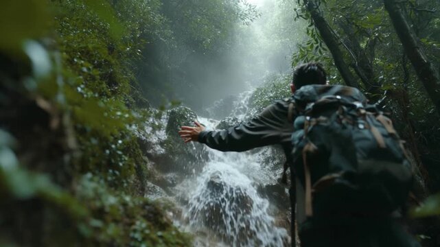 A person hiking up a mountain, a scene of a luxury volcano trek and a private waterfall trekking.