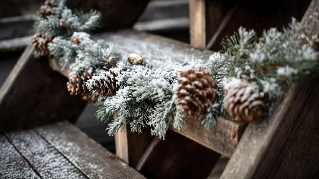 Snow-dusted evergreen garland with pinecones on a weathered wooden railing.