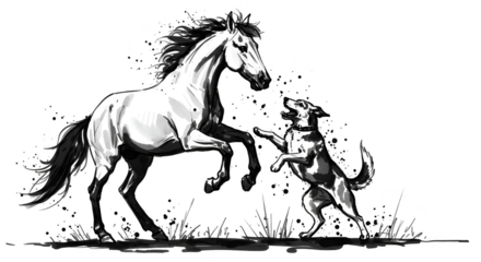 Illustration of a wild horse and a dog playing in nature