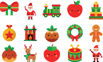 Vector art of festive christmas icons featuring santa claus, ornaments, gingerbread man, reindeer, wreath, and other holiday elements for greeting cards and designs