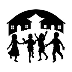 Children Playing in Village Silhouette