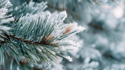 Frost-covered pine needles with delicate ice crystals on a winter branch. - Powered by Adobe