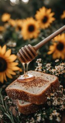 Honey drips on bread amidst sunflowers, rustic delight