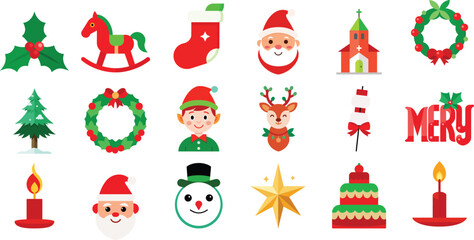 Vector art of merry christmas icons featuring santa claus, elf, snowman, candle, church, and other holiday elements for greeting cards and festive designs