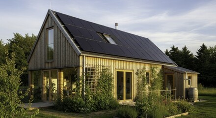Obraz premium Sustainable Wooden House with Solar Panels and Green Garden in a Rural Setting, Featuring Modern Eco-Friendly Architecture and Renewable Energy under Golden Hour Light
