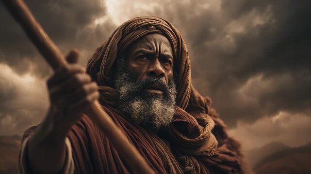 Servant of faith, Moses raises his staff. God answers. The sea listens. The miracle grows. The robe waves. Clouds darken. The prophet believes. Staff glows. The servant trusts God and walks.