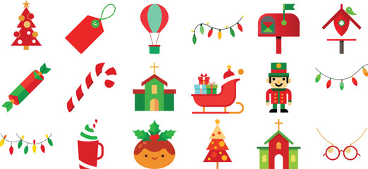 Vector art of charming Christmas icons a delightful assortment of holiday symbols, including trees, tags, balloons, lights, churches, and more, perfect for adding a touch of seasonal magic to your des