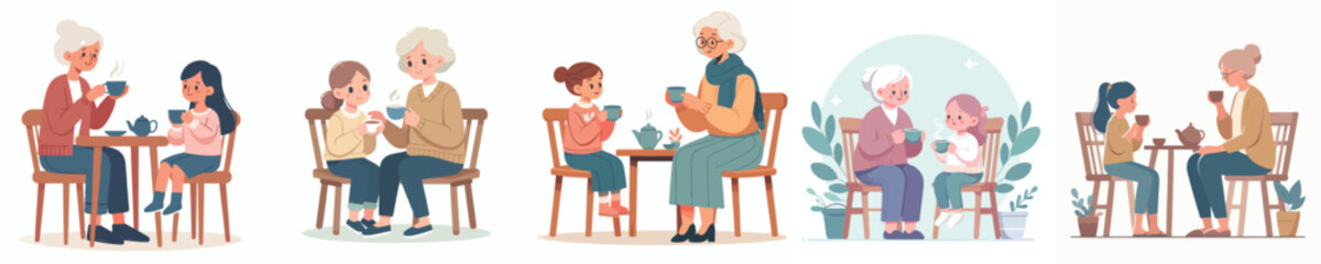 vector grandmother drinking tea with grandchildren