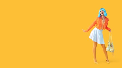 Beautiful happy woman in blue wig holding bag with vintage roller skates on yellow background with...