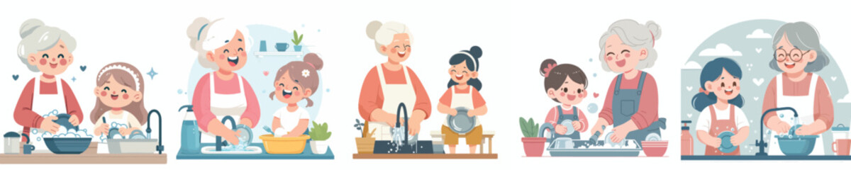 vector grandmother washing dishes with granddaughter