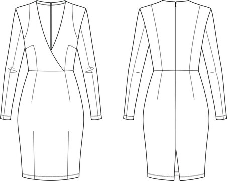 Women's dress technical flat sketch, front and back view, long sleeve, V-neck, wrap bodice, fashion CAD, garment construction, pattern making