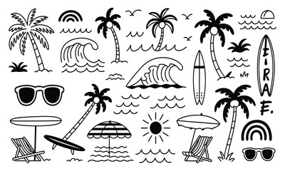 Summer beach scene with palm trees waves and surfboards doodle illustration
