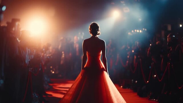 Evening, dress, redcarpet glamour begins. Spotlight falls on woman. Actress and model becomes true celebrity at event. Every move, every step, every breath repeats elegance and spotlight power.