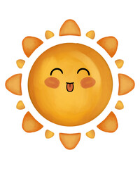 Cute kawaii sun clip art with smiling face and bright rays. Perfect for summer posters, cards, stickers, kids designs and cheerful cartoon illustrations