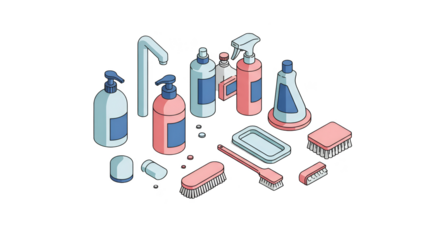 Illustration of assorted cleaning supplies on a transparent background
