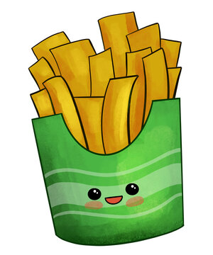 Naklejki Cute kawaii french fries clip art with smiling face in green box. Perfect for food stickers, posters, menus, cards and playful fast food designs