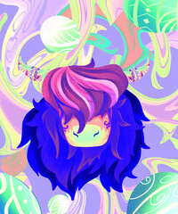 Vibrant psychedelic illustration of a colorful Highland cow in neon tones. Perfect for modern posters, album covers, digital art prints and groovy fantasy decor