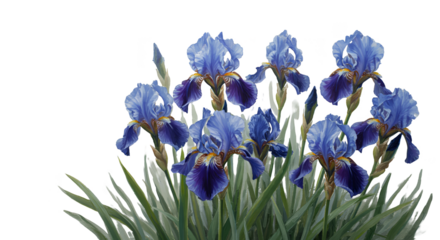 Illustration of blue irises with green leaves isolated on black