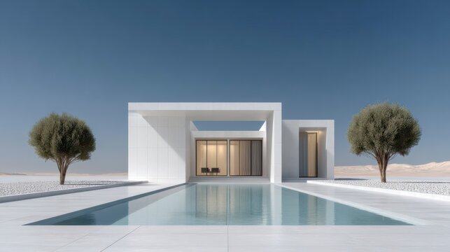 A modern architectural marvel with clean lines, a refreshing pool, and strategically placed trees. A sanctuary of serenity.