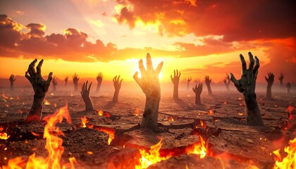 Apocalyptic Zombie Graveyard at Fiery Sunset – Surreal Horror Digital Art
