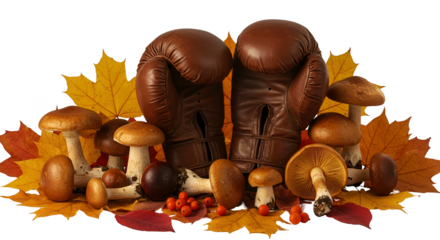Illustration of Boxing Gloves and Mushrooms on Autumn Leaves