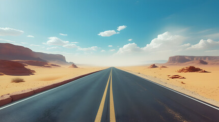Endless Open Highway Leading to the Distant Horizon beneath a Bright Clear Blue Sky