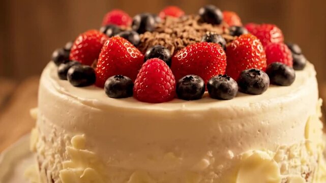A decadent, freshly baked cake is beautifully adorned with a generous layer of smooth white frosting. The top is lavishly decorated with an assortment of vibrant, ripe berries, including juicy red str