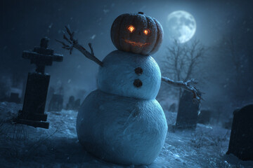 Snowman with pumpkin head and glowing ember eyes in snowy graveyard under eerie moonlight
