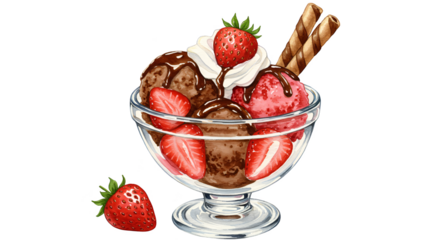 Illustration of Chocolate Strawberry Ice Cream Sundae with Whipped Cream