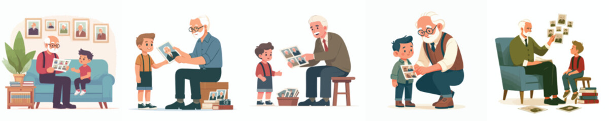 vector of grandfather showing his young photo to his grandson