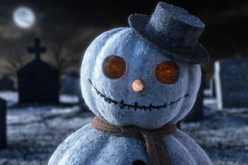 Christmas Snowman with Pumpkin Head, Glowing Ember Eyes, Snowy Graveyard, and Eerie Moonlight