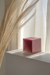 Pink cube & reeds, soft window light on white surface