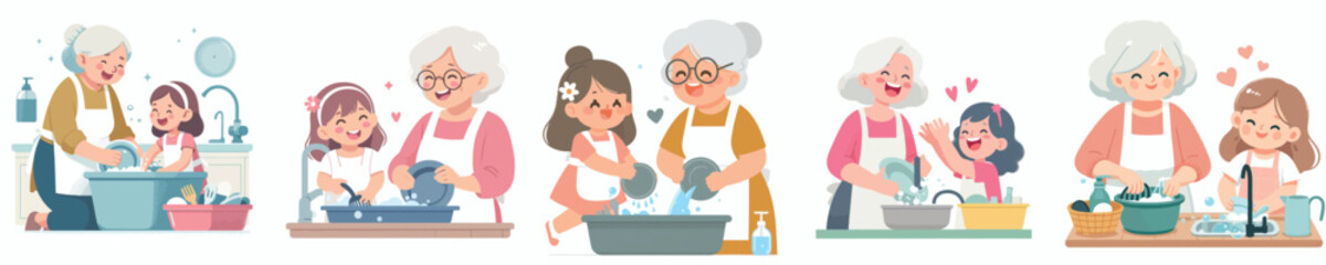 vector grandmother washing dishes with granddaughter