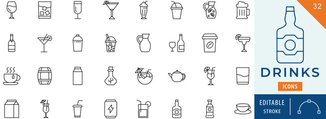 Drinks icon collection set. Editable stroke.
