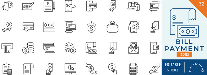 Bill payment icon collection set. Editable stroke.