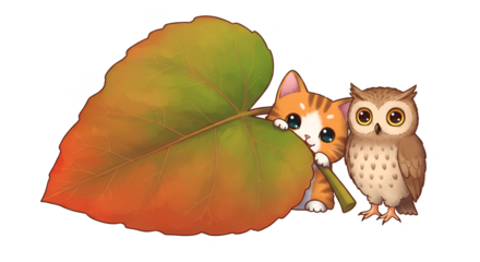 Illustration of cute kitten and owl peeking from behind a large autumn leaf