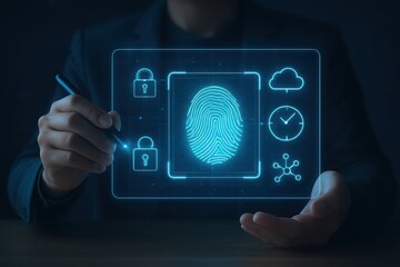 Person touches futuristic digital screen displaying fingerprint and security icons