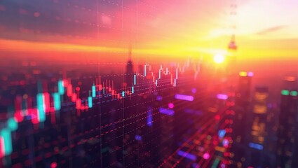 Financial Market Growth Over City Skyline at Sunset.