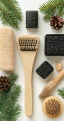 Spa tools, pine, and cones on white. Festive, serene